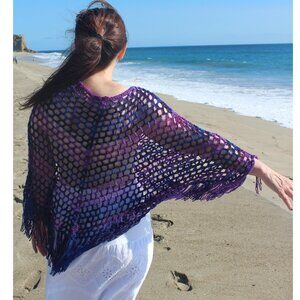 Handmade "Across The Universe" Crochet Poncho with Tassels Purple Lilac Blue Pin